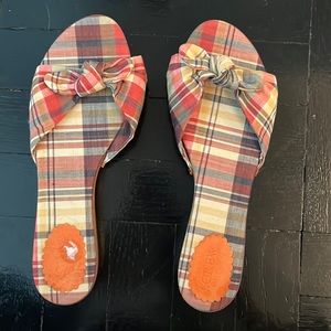 J. Crew Tropez Madras Plaid Wood Knot Tie Slide Sandals 7